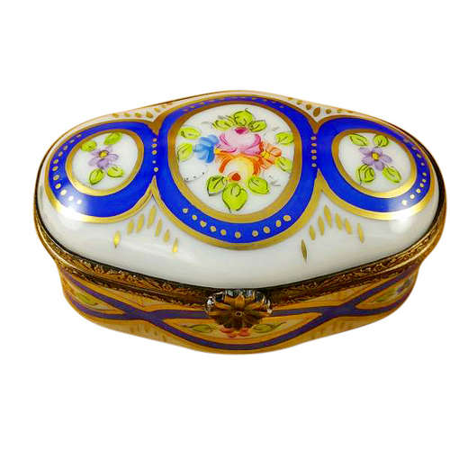 Magnifique Oval with Blue and Flowers Limoges Box