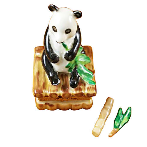 Magnifique Panda with Removable Bamboo and Green Leaf Branch Limoges Box