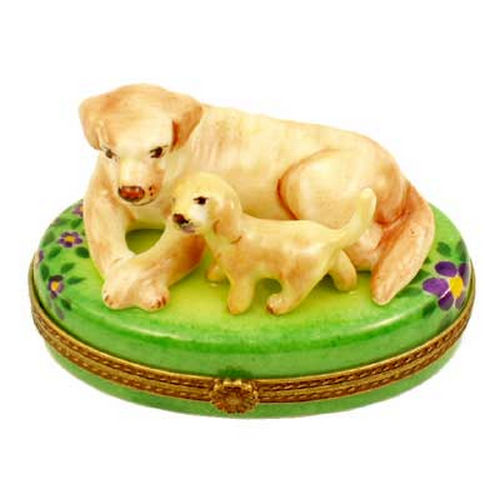 Magnifique Yellow Labrador Dog with Lab Puppy Limoges Box