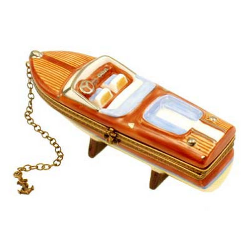 Magnifique Mahogany Boat with Anchor Limoges Box