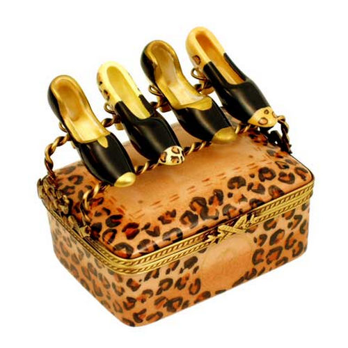 Magnifique Leopard Print Designer Shoebox with Ladies Shoes Limoges Box
