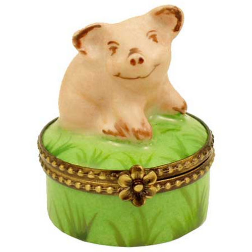 Rochard Mini Pig on Green Base Limoges Box