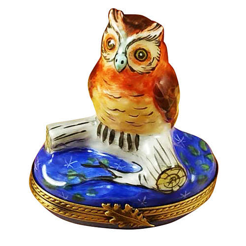 Rochard Wise Owl on Blue Base Limoges Box