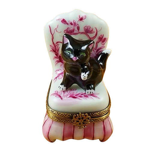 Rochard Black Cat on Toile Chair Limoges Box