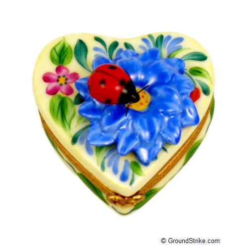Rochard Heart Blue Flower with Lady Bug Limoges Box
