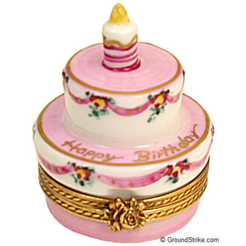 Rochard Birthday Cake with Pink Candle Limoges Box