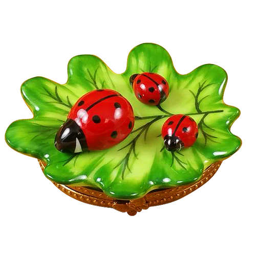 Rochard Green Leaf with Three Ladybugs Limoges Box