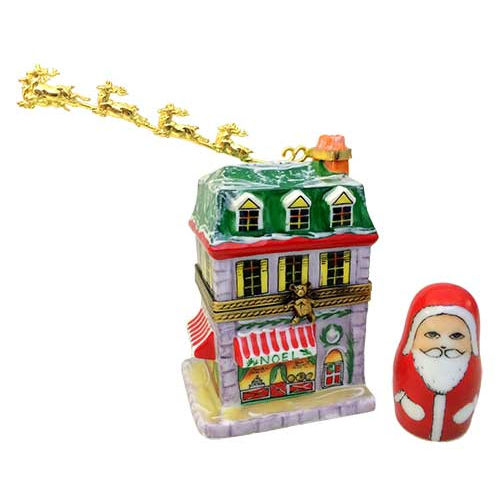 Rochard House with Santa and Brass Reindeer Limoges Box