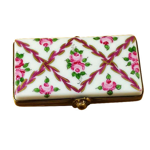 Rochard Flat Rectangle with Burgundy Stripes and Flowers Limoges Box