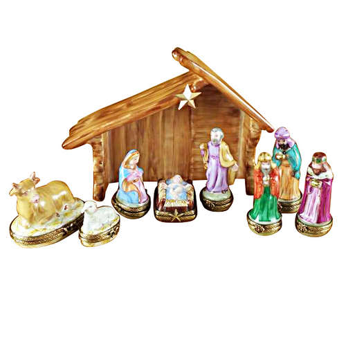 Rochard Nine Piece Mini Hinged Nativity w/ Porcelain Stable Limoges Box