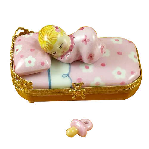 Rochard Baby in Pink Bed with Pacifier Limoges Box