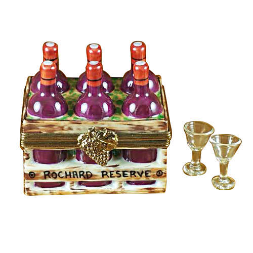 Rochard Wine Bottles in Crate with Two Glasses Limoges Box