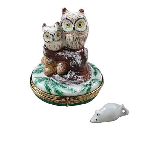 Rochard 2 Owls with Snow Mouse Limoges Box