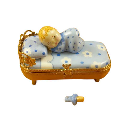 Rochard Baby in Blue Bed with Pacifier Limoges Box
